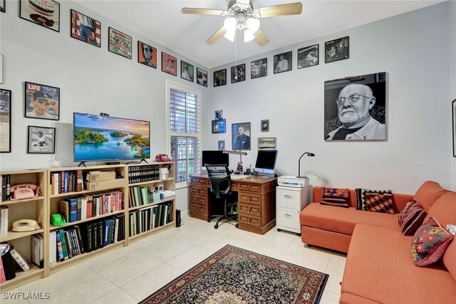 3008 Ellice Way, Naples, FL 34119 - office area featuring a ceiling fan and light tile patterned floors