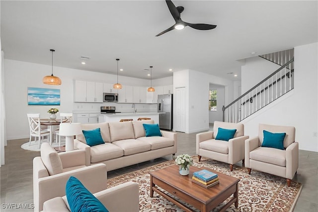 20028 Napa Loop, Estero, FL 33928 - living area with a ceiling fan, stairs, and recessed lighting