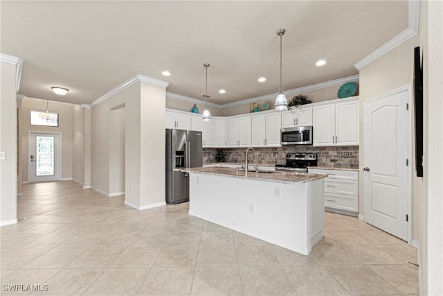 11288 Red Bluff Ln, Fort Myers, FL 33912 - kitchen featuring stainless steel appliances, backsplash, light tile patterned floors, light stone counters, and crown molding