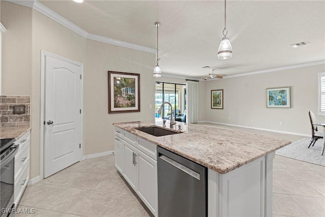 11288 Red Bluff Ln, Fort Myers, FL 33912 - kitchen featuring appliances with stainless steel finishes, ornamental molding, light tile patterned floors, white cabinetry, and an island with sink