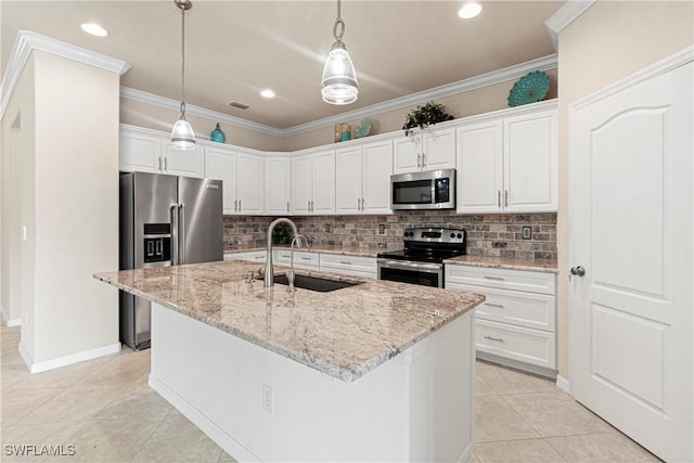 11288 Red Bluff Ln, Fort Myers, FL 33912 - kitchen featuring appliances with stainless steel finishes, backsplash, light tile patterned flooring, white cabinetry, and ornamental molding