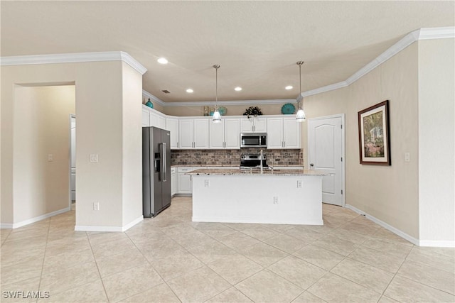 11288 Red Bluff Ln, Fort Myers, FL 33912 - kitchen featuring appliances with stainless steel finishes, light tile patterned flooring, white cabinetry, recessed lighting, and crown molding