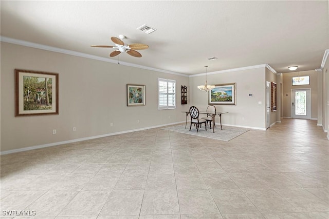 11288 Red Bluff Ln, Fort Myers, FL 33912 - unfurnished living room with crown molding, light tile patterned floors, a chandelier, and a ceiling fan