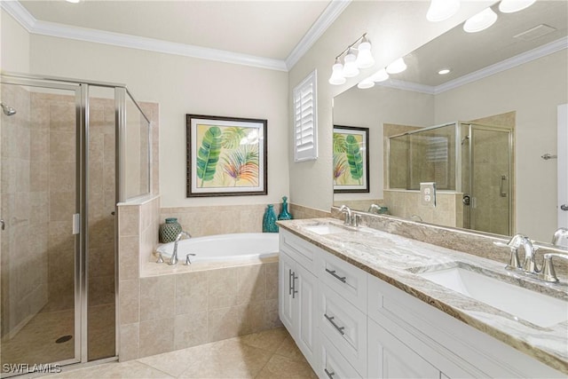 11288 Red Bluff Ln, Fort Myers, FL 33912 - bathroom with tile patterned floors, a shower stall, double vanity, a bath, and ornamental molding