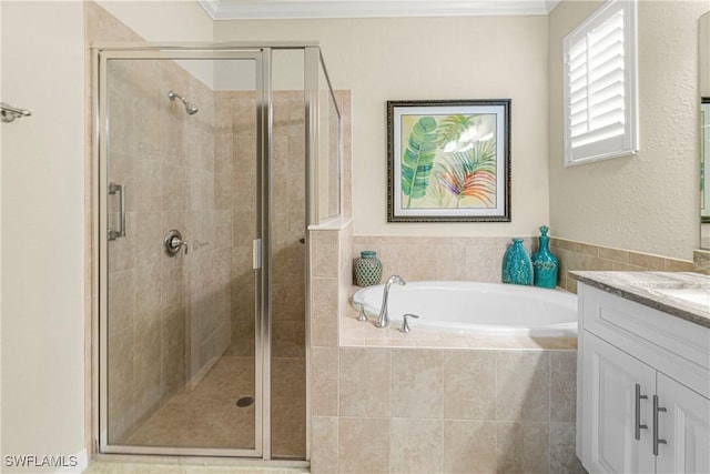 11288 Red Bluff Ln, Fort Myers, FL 33912 - full bathroom featuring vanity, a bath, a shower stall, and crown molding