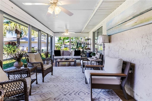 7208 Saint Anns Ct, Fort Myers, FL 33908 - sunroom featuring a ceiling fan, an outdoor living space, and a textured wall