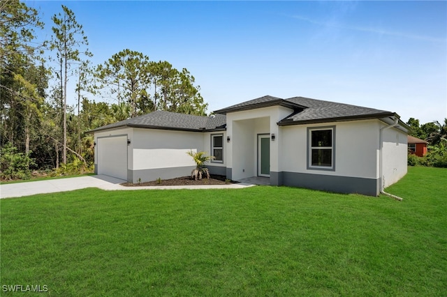 2817 22nd St W, Lehigh Acres, FL 33971 - prairie-style house featuring concrete driveway, stucco siding, a front yard, an attached garage, and a shingled roof