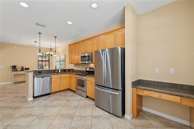 11999 Palba Way Unit 6405, Fort Myers, FL 33912 - kitchen featuring appliances with stainless steel finishes, a peninsula, recessed lighting, light tile patterned floors, and pendant lighting