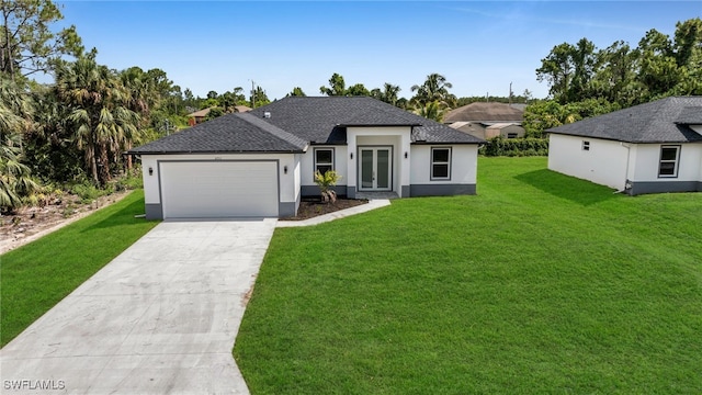 2511 23rd St W, Lehigh Acres, FL 33971 - view of front of house with a front lawn, stucco siding, an attached garage, concrete driveway, and a shingled roof