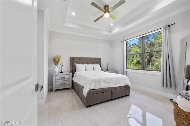4325 47th Ave NE, Naples, FL 34120 - bedroom with a raised ceiling, ornamental molding, recessed lighting, a ceiling fan, and light marble finish flooring