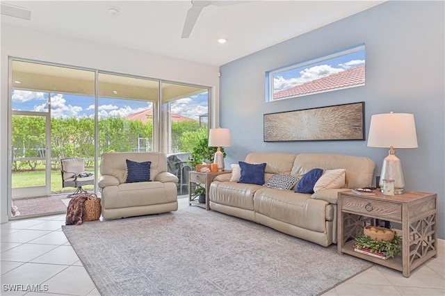 4209 Bloomfield St, Fort Myers, FL 33916 - living room featuring ceiling fan, tile patterned flooring, plenty of natural light, and recessed lighting