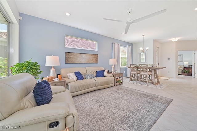 4209 Bloomfield St, Fort Myers, FL 33916 - living room featuring a chandelier, ceiling fan, tile patterned flooring, and recessed lighting