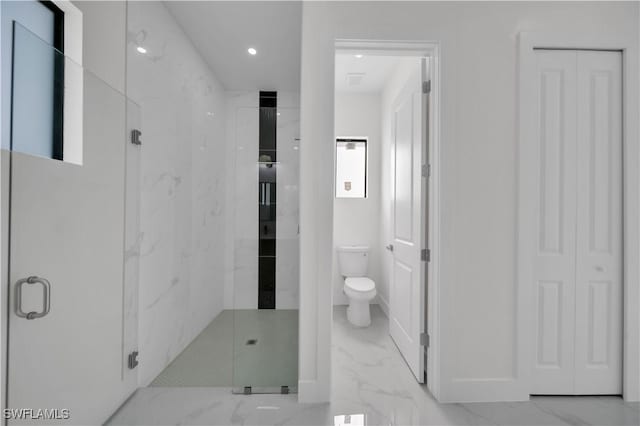 3513 36th St SW, Lehigh Acres, FL 33976 - full bathroom with marble look tiles, a marble finish shower, a closet, and recessed lighting