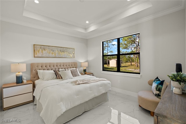 3587 18th Ave SE, Naples, FL 34117 - bedroom with light marble finish flooring, recessed lighting, a raised ceiling, and ornamental molding
