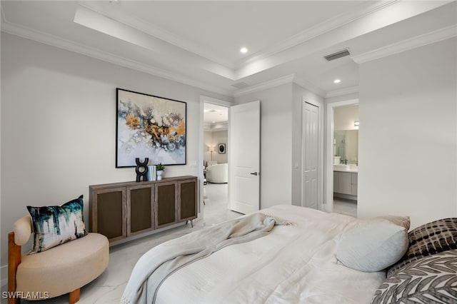 3587 18th Ave SE, Naples, FL 34117 - bedroom featuring light marble finish flooring, recessed lighting, connected bathroom, ornamental molding, and a tray ceiling