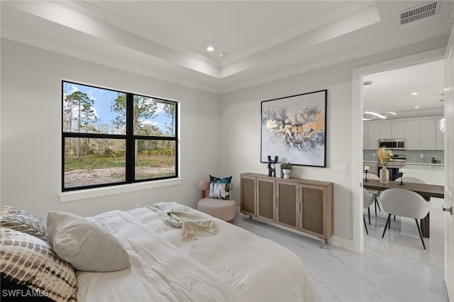 3587 18th Ave SE, Naples, FL 34117 - bedroom featuring ornamental molding, recessed lighting, light marble finish flooring, and a raised ceiling