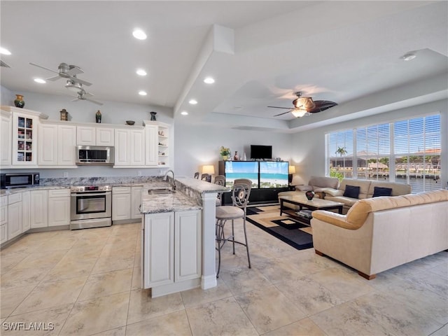 2705 SW 30th Ter, Cape Coral, FL 33914 - kitchen featuring stainless steel appliances, ceiling fan, a peninsula, a kitchen breakfast bar, and open floor plan