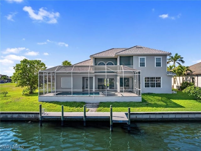 2705 SW 30th Ter, Cape Coral, FL 33914 - rear view of property with a water view, stucco siding, a tiled roof, and a lawn