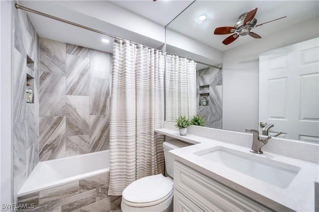 26000 Hickory Blvd Unit 205, Bonita Springs, FL 34134 - bathroom featuring shower / bath combo with shower curtain, vanity, recessed lighting, ceiling fan, and marble finish flooring