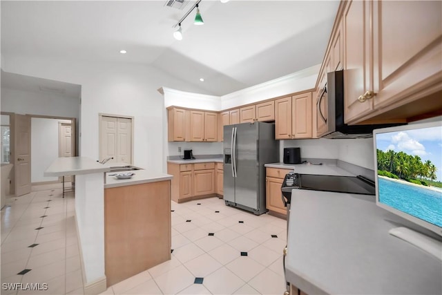 858 Wyndemere Way, Naples, FL 34105 - kitchen featuring stainless steel appliances, light brown cabinets, light countertops, light tile patterned floors, and lofted ceiling