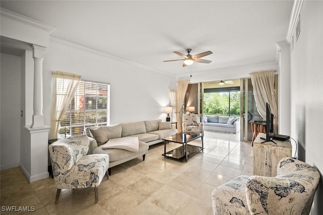 8701 Piazza Del Lago Cir Unit 101, Estero, FL 33928 - living room featuring ornate columns, ceiling fan, ornamental molding, and light tile patterned floors