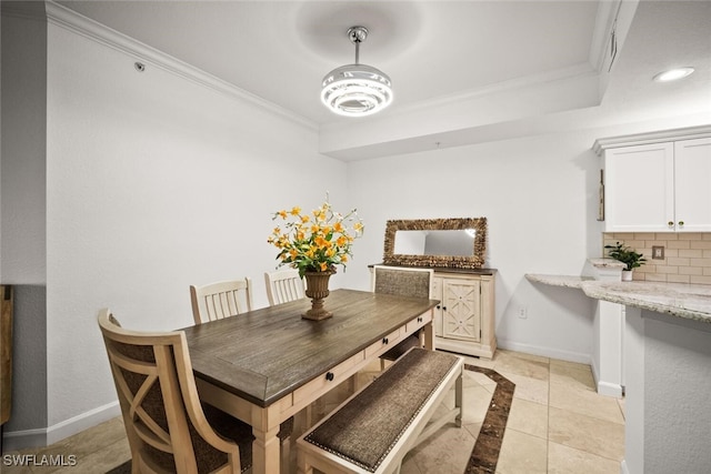 8701 Piazza Del Lago Cir Unit 101, Estero, FL 33928 - dining space with crown molding, inlaid floor details, recessed lighting, light tile patterned flooring, and a chandelier