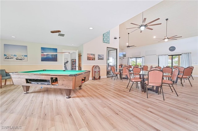 16200 Bay Pointe Blvd Unit 208, North Fort Myers, FL 33917 - rec room featuring wood finished floors, billiards, high vaulted ceiling, a ceiling fan, and recessed lighting