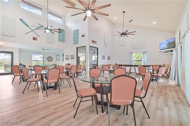 16200 Bay Pointe Blvd Unit 208, North Fort Myers, FL 33917 - dining space featuring a ceiling fan, light wood finished floors, high vaulted ceiling, and recessed lighting