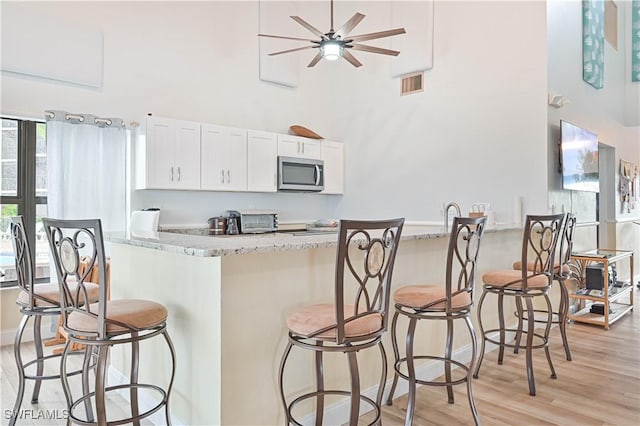 16200 Bay Pointe Blvd Unit 208, North Fort Myers, FL 33917 - kitchen with stainless steel microwave, light wood-style floors, a high ceiling, light stone counters, and white cabinets