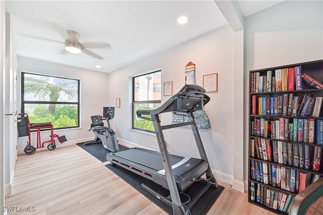 16200 Bay Pointe Blvd Unit 208, North Fort Myers, FL 33917 - workout area with a ceiling fan, wood finished floors, and recessed lighting