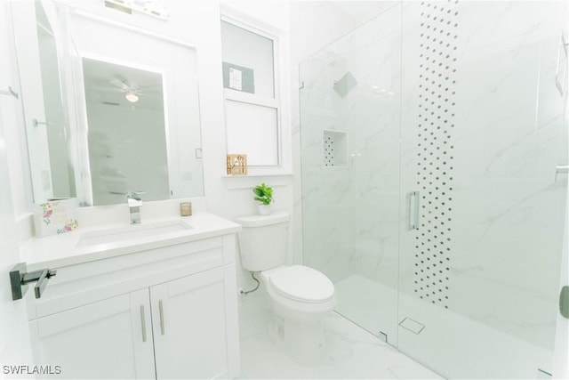3923 NW 38th St, Cape Coral, FL 33993 - bathroom with marble finish floors, vanity, a marble finish shower, and a ceiling fan