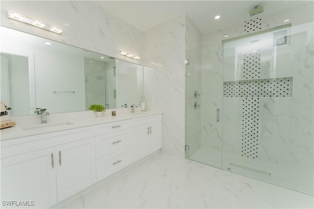 3923 NW 38th St, Cape Coral, FL 33993 - bathroom with a marble finish shower, double vanity, marble finish flooring, and recessed lighting