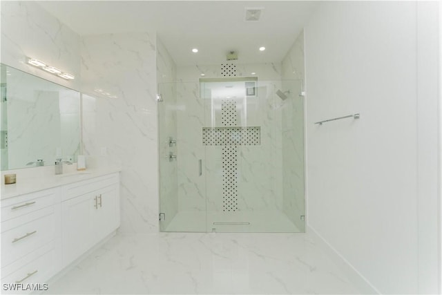 3923 NW 38th St, Cape Coral, FL 33993 - bathroom with vanity, a marble finish shower, marble finish flooring, and recessed lighting