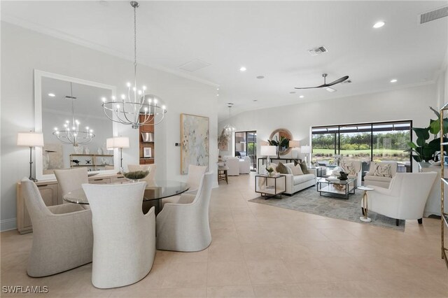 8888 Savona Ct, Naples, FL 34119 - dining area with a chandelier, recessed lighting, ceiling fan, and ornamental molding