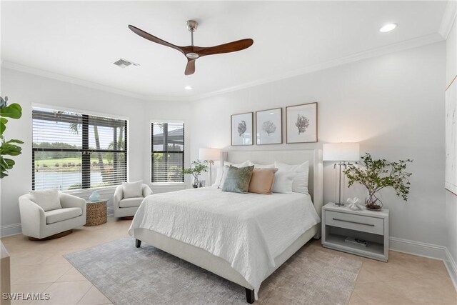 8888 Savona Ct, Naples, FL 34119 - bedroom with light tile patterned flooring, crown molding, ceiling fan, and recessed lighting
