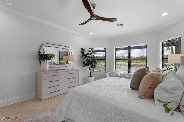 8888 Savona Ct, Naples, FL 34119 - bedroom featuring ornamental molding, light tile patterned floors, recessed lighting, and ceiling fan