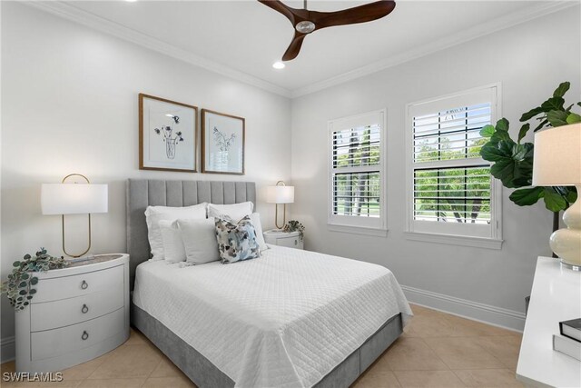 8888 Savona Ct, Naples, FL 34119 - bedroom with light tile patterned flooring, crown molding, recessed lighting, and a ceiling fan