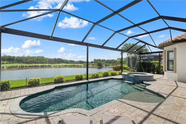 8888 Savona Ct, Naples, FL 34119 - view of pool with a water view, a patio, a lanai, and a pool with connected hot tub