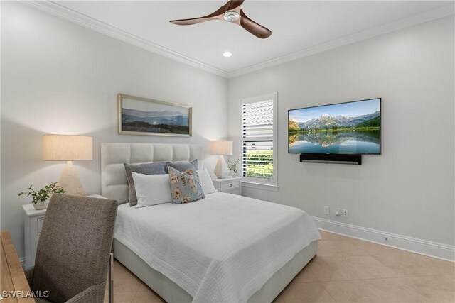8888 Savona Ct, Naples, FL 34119 - bedroom featuring crown molding, light tile patterned floors, recessed lighting, and ceiling fan