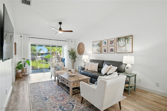 162 Pebble Shores Dr Unit 203, Naples, FL 34110 - living area featuring ceiling fan, wood finished floors, and lofted ceiling
