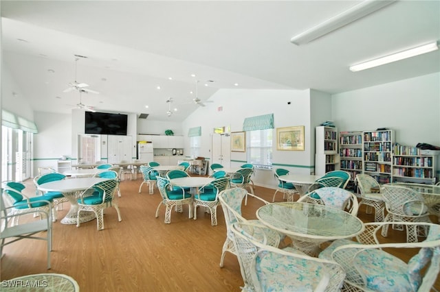 162 Pebble Shores Dr Unit 203, Naples, FL 34110 - dining space featuring a ceiling fan, high vaulted ceiling, plenty of natural light, light wood-style floors, and recessed lighting