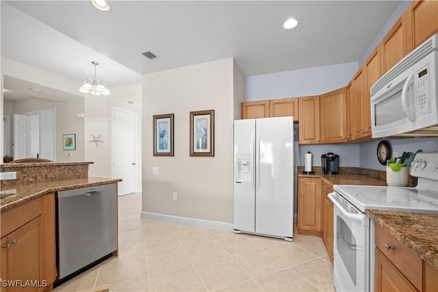 3724 Agualinda Blvd Unit 201, Cape Coral, FL 33914 - kitchen featuring white appliances, a chandelier, dark stone counters, light tile patterned flooring, and recessed lighting