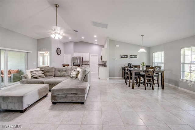 506 NE 2nd Place, Cape Coral, FL 33909 - living room featuring a ceiling fan, light tile patterned floors, recessed lighting, and high vaulted ceiling