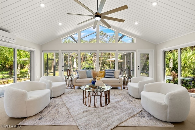 211 11th St NW, Naples, FL 34120 - sunroom / solarium featuring lofted ceiling, healthy amount of natural light, recessed lighting, a wall mounted air conditioner, and wood ceiling