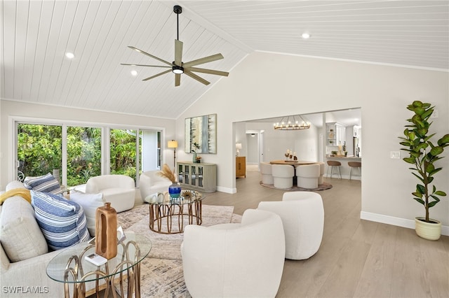 211 11th St NW, Naples, FL 34120 - living area with high vaulted ceiling, light wood-style floors, ceiling fan, and recessed lighting