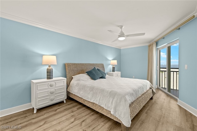 3067 W Gulf Dr Unit 102, Sanibel, FL 33957 - bedroom featuring access to exterior, ornamental molding, wood finished floors, and ceiling fan