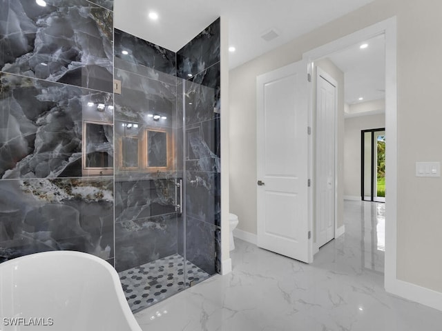 410 Plumosa Ave, Lehigh Acres, FL 33972 - full bath featuring a freestanding bath, a marble finish shower, marble tiled flooring, and recessed lighting