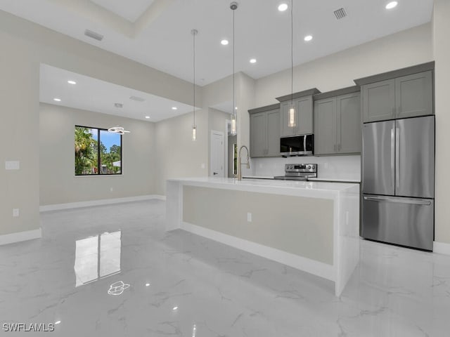 410 Plumosa Ave, Lehigh Acres, FL 33972 - kitchen with stainless steel appliances, gray cabinets, light marble finish floors, and recessed lighting