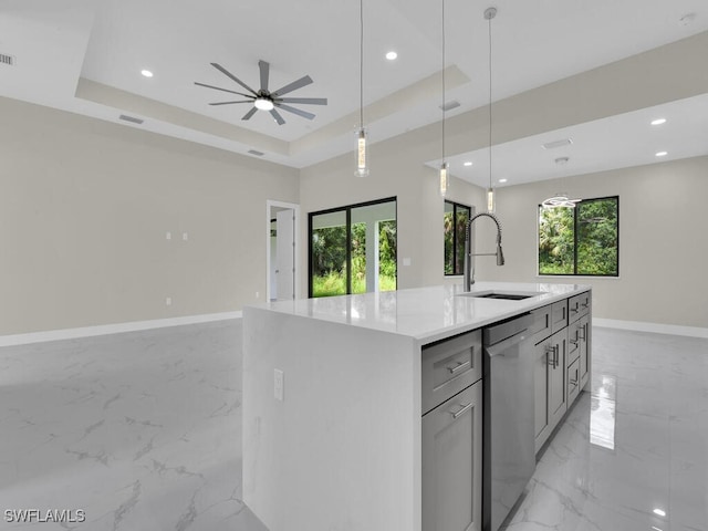 410 Plumosa Ave, Lehigh Acres, FL 33972 - kitchen featuring light marble finish flooring, stainless steel dishwasher, healthy amount of natural light, open floor plan, and recessed lighting