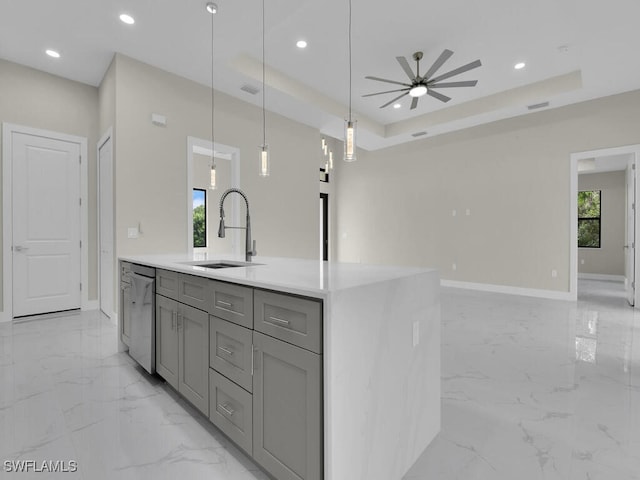 410 Plumosa Ave, Lehigh Acres, FL 33972 - kitchen featuring gray cabinets, stainless steel dishwasher, light marble finish flooring, open floor plan, and recessed lighting